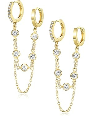 Tassel Chain Small Gold Hoop Dangle Earring For Women Huggie Earring Heart Star CZ 14K Gold Plate... | Amazon (US)