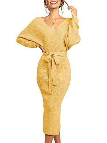 Chang Yun Women's Long Maxi Sweater Dresses Sexy Wrap Batwing V Neck Slit Open Back Holiday Bodycon Dress with Belt Yellow | Amazon (US)