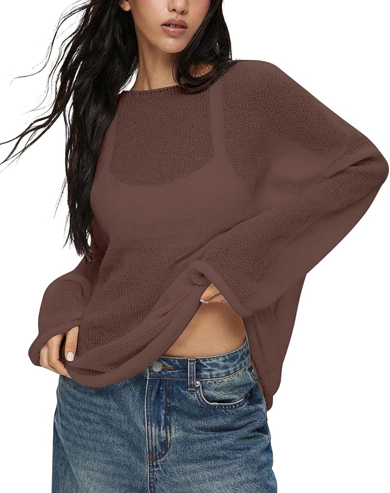 Cioatin Women Oversized Long Sleeve Sheer Mesh Knit Sweater Tops Y2K Summer Loose Hollow Out Pull... | Amazon (US)