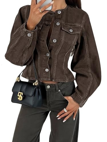 Tankaneo Womens Cropped Jean Jacket Trendy Crewneck Button Down Short Denim Jacket Y2k Slim Fit C... | Amazon (US)