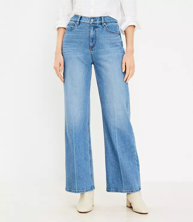 Petite High Rise Wide Leg Jeans in Authentic Mid Indigo Wash | LOFT