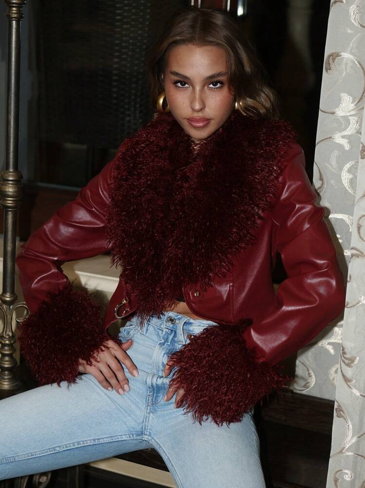 Black Faux Fur Collar Splice Metallic Button Decor Cropped Sexy Jacket For Going Out & Party | SHEIN
