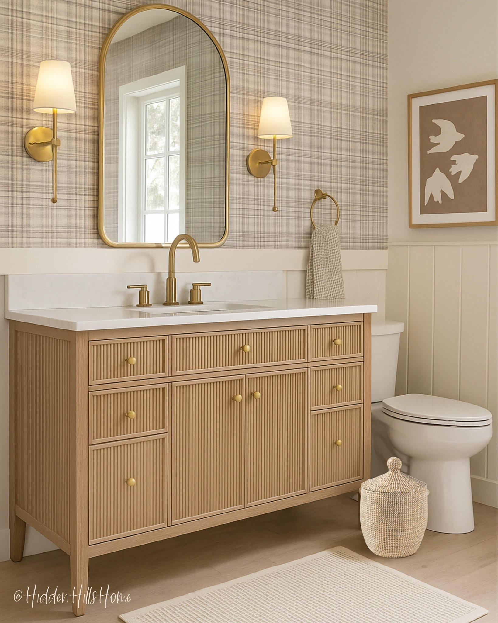 Bathroom decor mood board! Bathroom design, home decor, bathroom inspiration, powder bath, wallpaper, vanity, mirrors, bath mat #bathroom
Wall color is SW Accessible Beige

#LTKHome #LTKSaleAlert #LTKSeasonal
