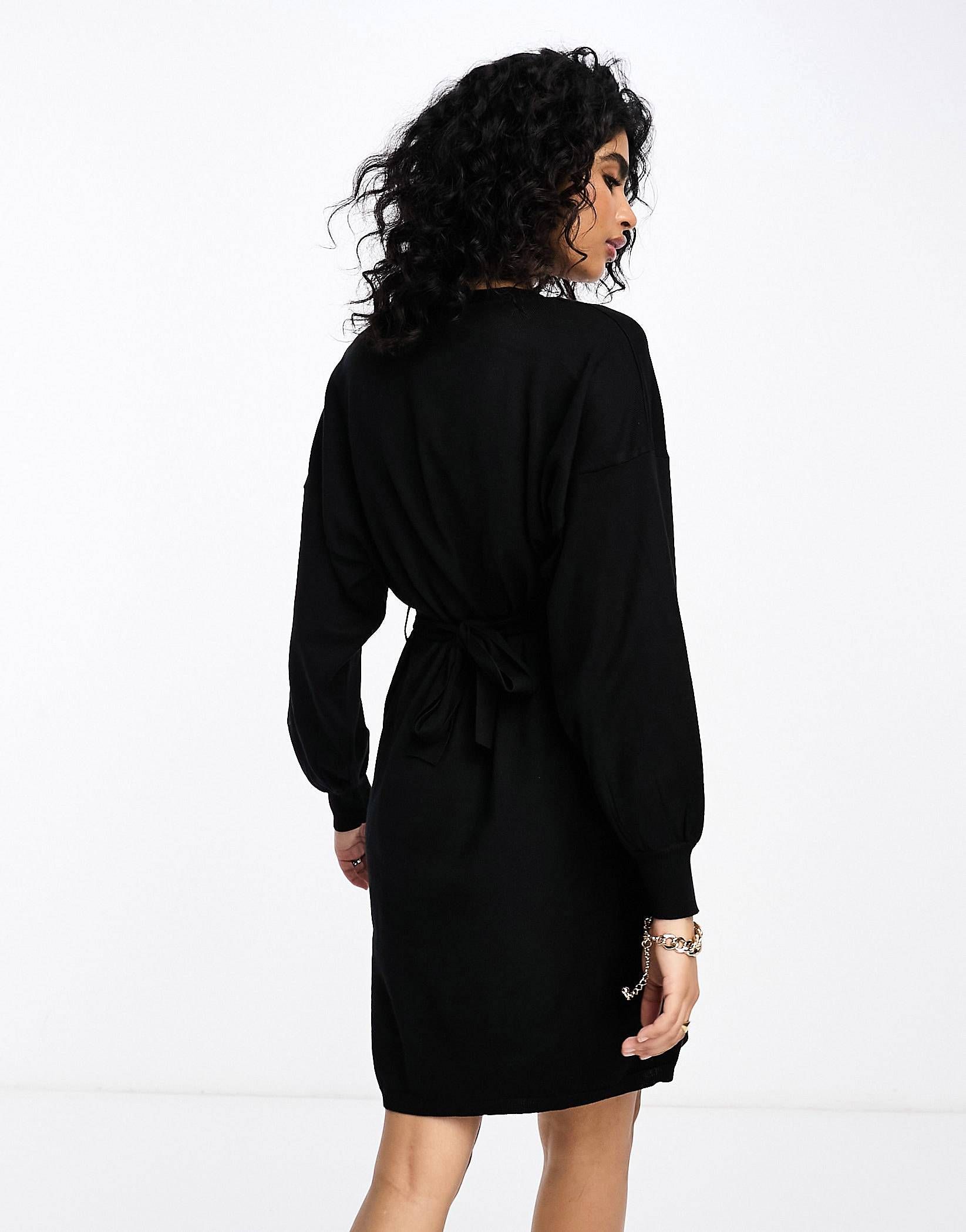 Vila knitted jumper mini dress with lace detail v neck in black | ASOS (Global)