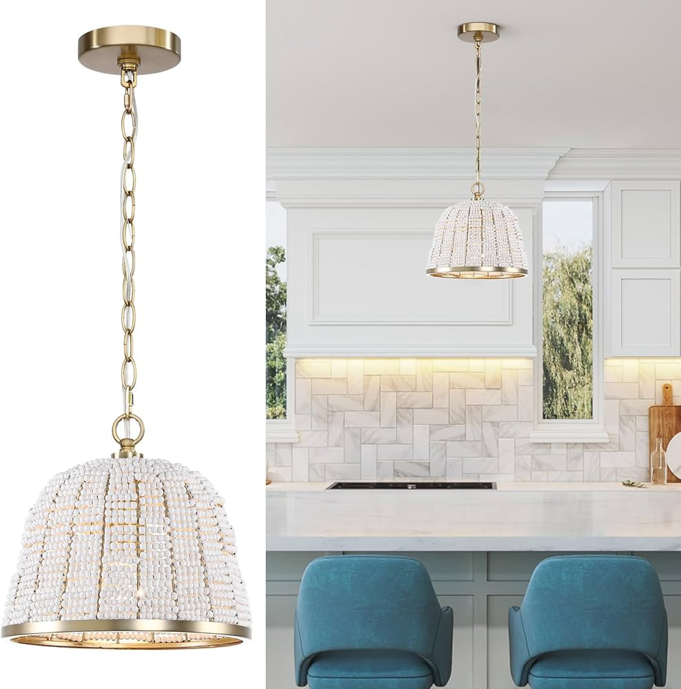 PHILOMENA White Wood Beaded Boho Chandelier, Brass Gold 1-Light Nursery Coastal French Country Do... | Amazon (US)