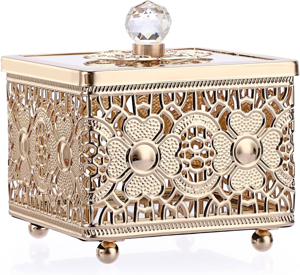 Hipiwe Hollow-carved Metal Jewelry Box with Glass Lid, Gold Mirrored Trinket Organizer Square Tre... | Amazon (US)