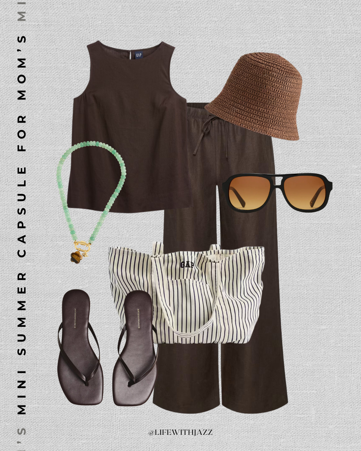 casual summer mom outfit

minimal style / summer style / aritzia lodge linen pants / gap linen tank / gap striped tote bag / madewell aviator sunglasses / madewell necklace / straw hat / chocolate brown flip flops 

 #LTKxMadewell #LTKootd #LTKmomlife