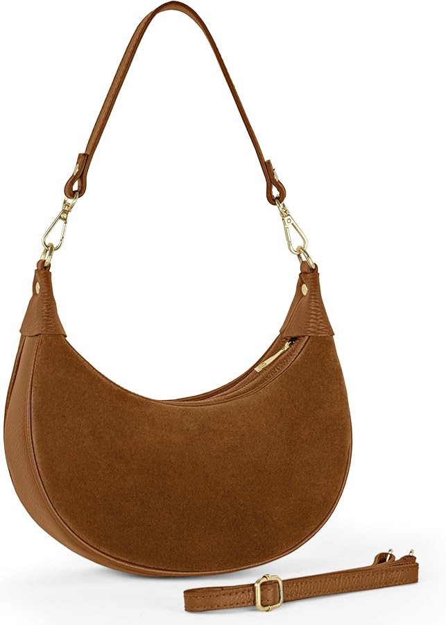 Italian Genuine Suede Shoulder Bag for Women, Crescent Saddle Style with Short & Long Straps | Mi... | Amazon (US)
