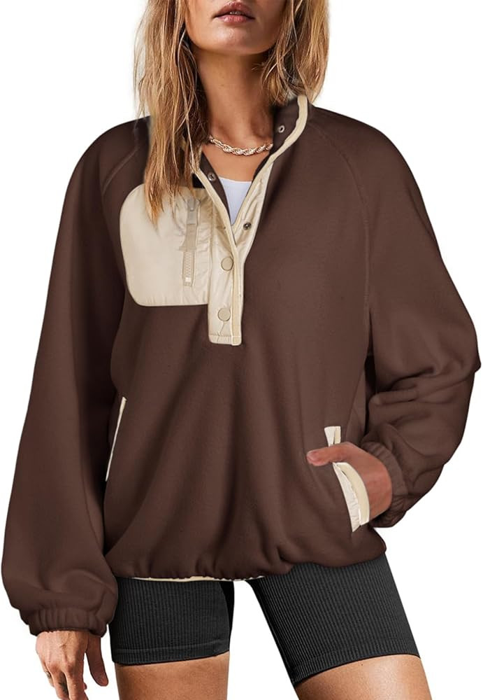 Dokotoo Sweatshirt for Women Oversized Fuzzy Fleece Jacket Color Block Button Long Sleeve Pullove... | Amazon (US)