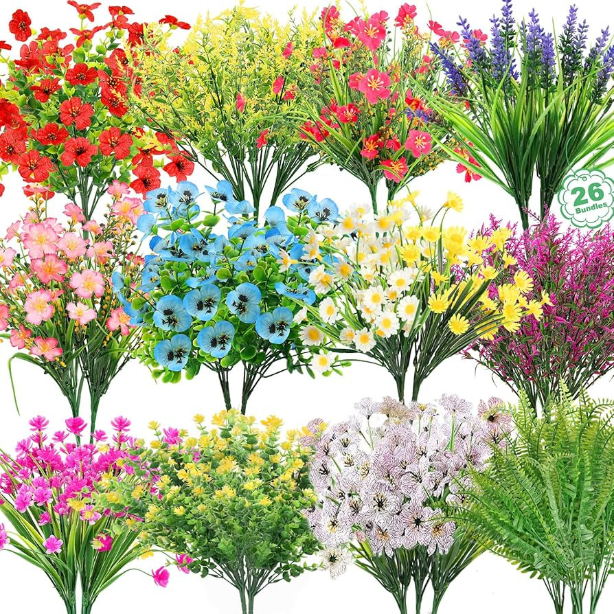 26 Bundles 13 Style Artificial Flowers for Outdoors Multicolor Fake Flowers Plastic Plants Faux L... | Amazon (US)