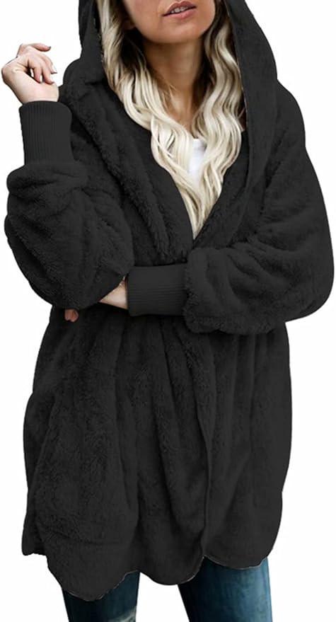 Dokotoo Womens 2023 Winter Long Sleeve Solid Fuzzy Fleece Open Front Hooded Cardigans Jacket Coat... | Amazon (US)