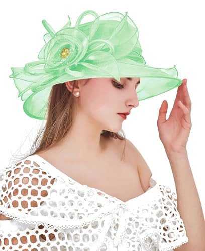 ELLYDOOR Women Derby Fascinator Hats Organza Church Wedding Hat Wide Brim Cocktail Tea Party Hat Mint Green | Amazon (US)