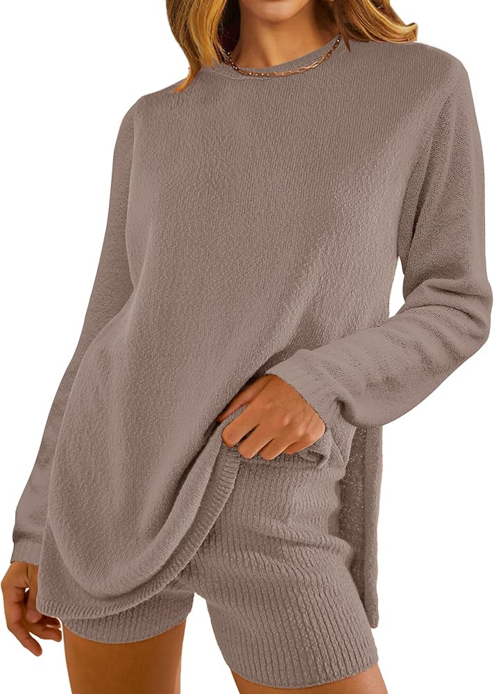 NENONA Women's 2024 Casual Two Piece Knit Outfits Long Sleeve Tunic Sweaters Top and Shorts Loung... | Amazon (US)