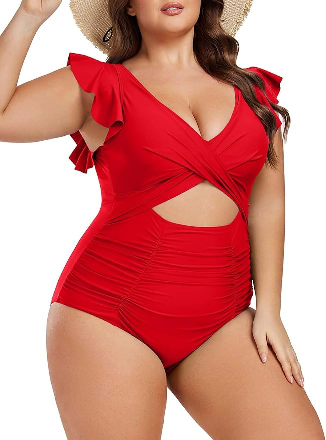 Women's Plus Size One Piece Swimsuit Tummy Control V Neck Bathing Suit Cutout Ruffle Swimwear | Amazon (US)