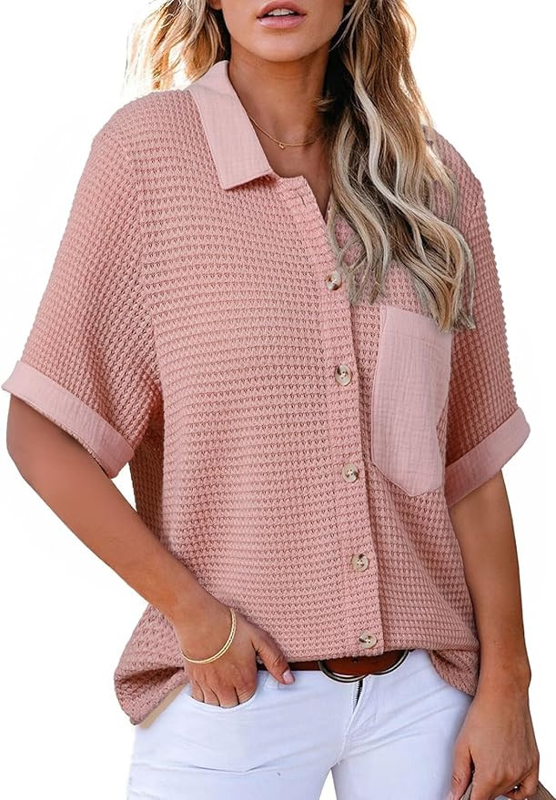 Astylish Womens Waffle Knit Button Down Shirts Tops Casual V Neck Short Folded Sleeve Dressy Blou... | Amazon (US)