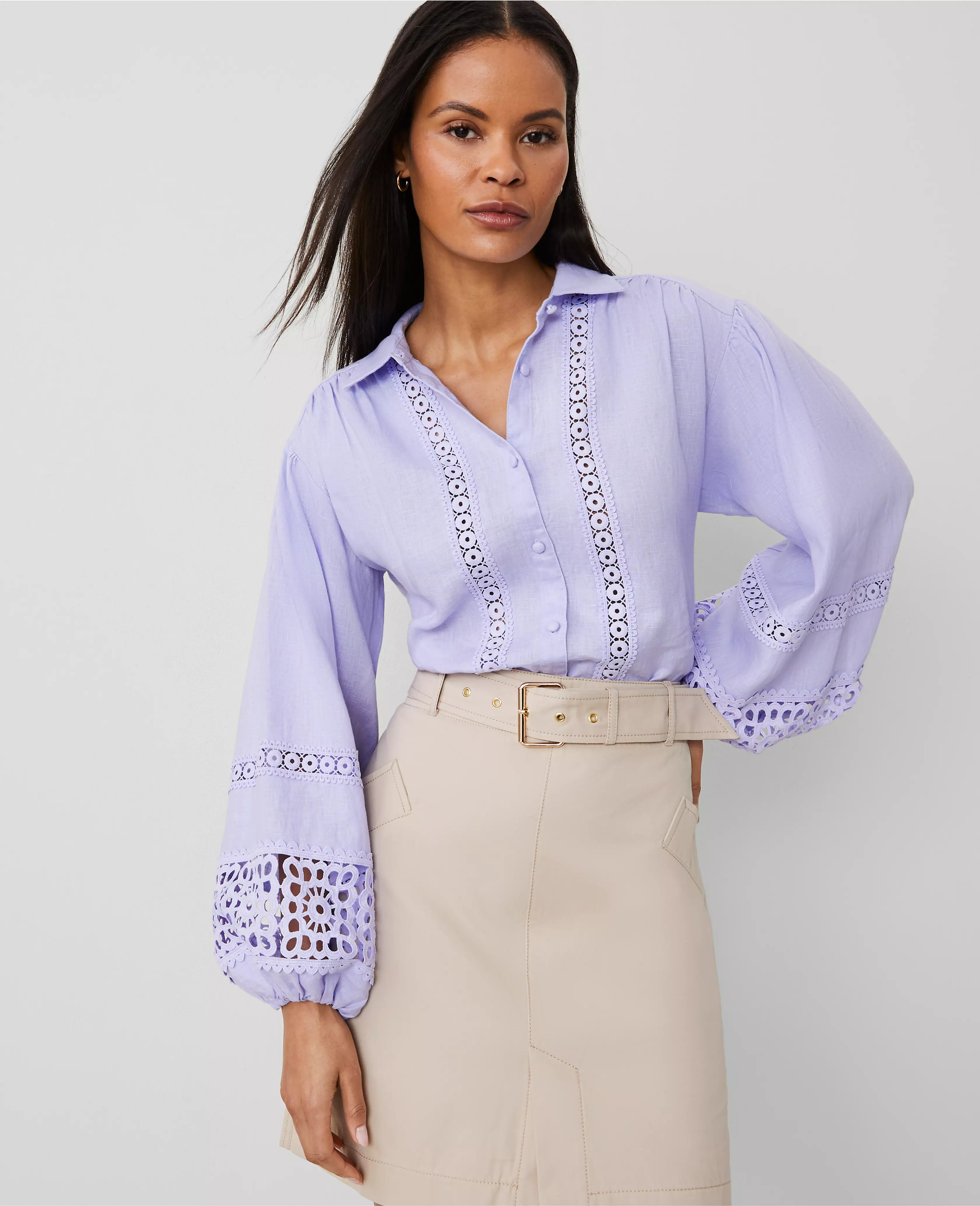 Embroidered Linen Puff Sleeve Blouse | Ann Taylor