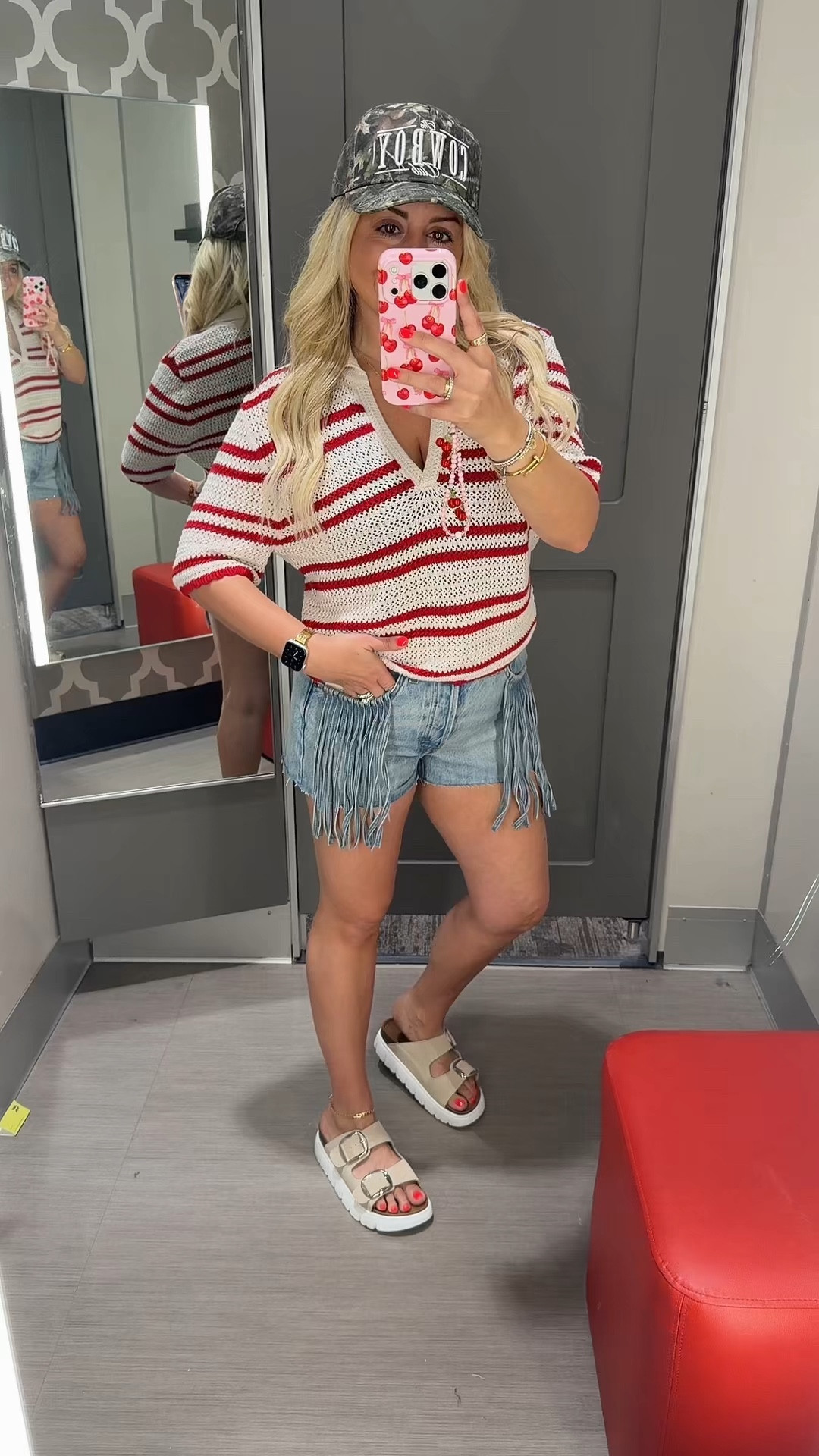 @Target outfit 
M top 
Fringe denim shorts went up a size 
Sandals tts