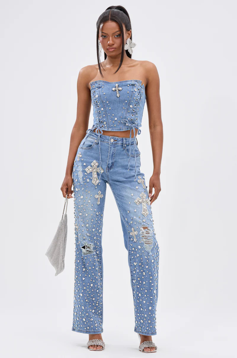 FEELING GRATEFUL RHINESTONE RELAXED DENIM | AKIRA