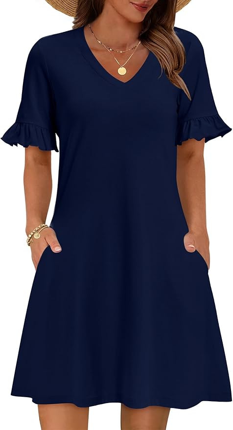 Zeagoo Summer Casual Dresses for Women A Line Sun Dress Ruffle Short Sleeve V Neck Floral Tshirt ... | Amazon (US)