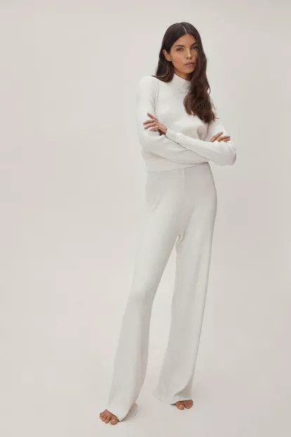 Recycled Ribbed Knit Wide Leg Pants Lounge Set | Nasty Gal (US)