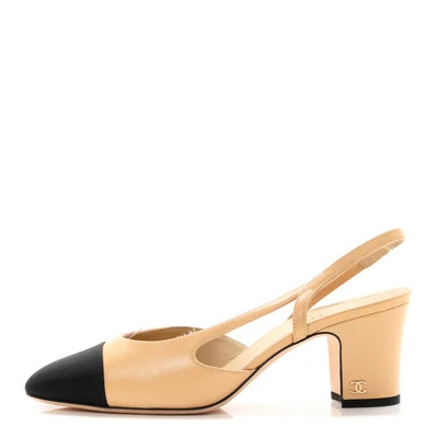 Goatskin Grosgrain Cap Toe CC Slingback Pumps 38 Beige Black | FASHIONPHILE (US)