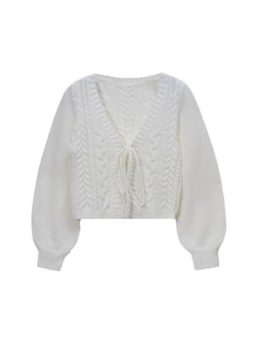 SOLY HUX Cardigan Sweaters for Women Cropped Tie Front Bow Lightweight Cardigan Long Sleeve Trendy Fall Shrugs Pure Beige Small | Amazon (US)
