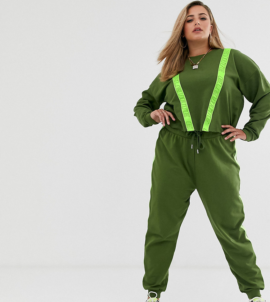 ASOS DESIGN Curve tracksuit cropped sweat / jogger with neon reflective tape-Beige | ASOS (Global)