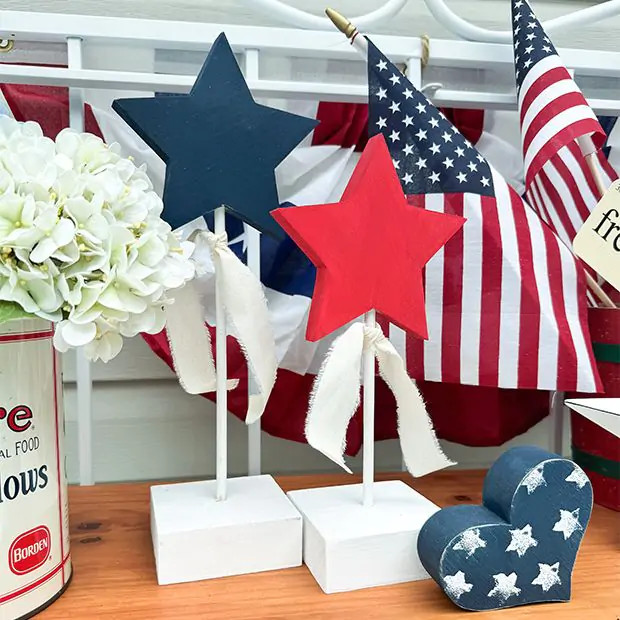 Wooden Patriotic Star on Dowel Set of 2 | Antique Farm House