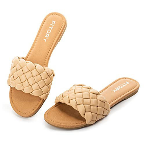 FITORY Womens Flat Sandals Fashion Round Open Toe Slip On Slides with Braided Strap Slippers for Summer Size 7.5 Apricot | Amazon (US)