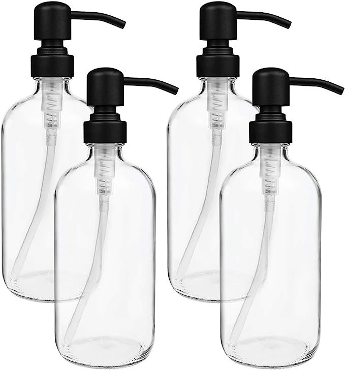 Suwimut 4 Pack Soap Dispenser Clear Glass Boston Round Bottles, 16 Ounce Jars Glass Bottle with M... | Amazon (US)