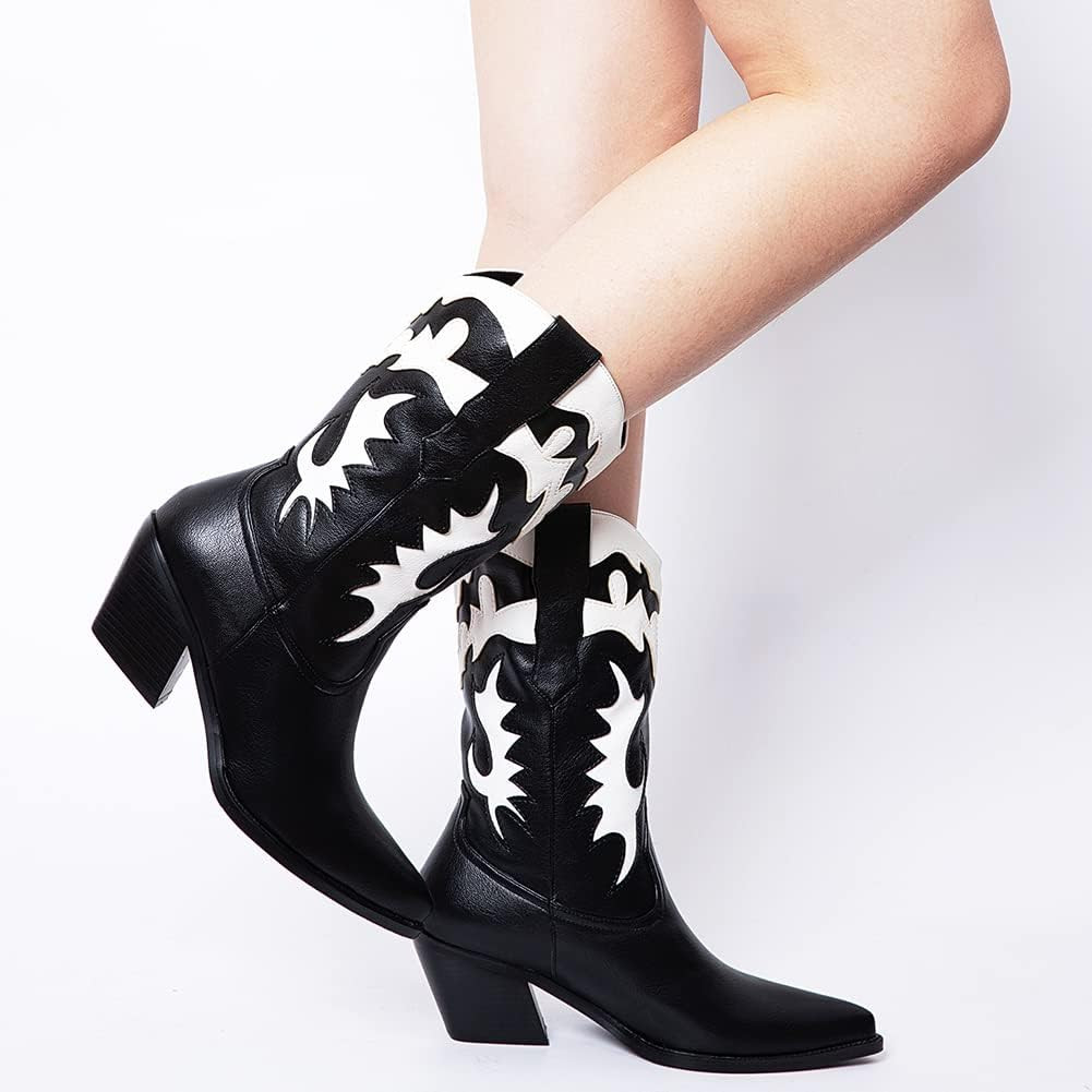 Erocalli Women's Cowboy Boots Cowgirl Boots Western Chunky Heel Almond Toe Boots Mid Calf Embroid... | Amazon (US)