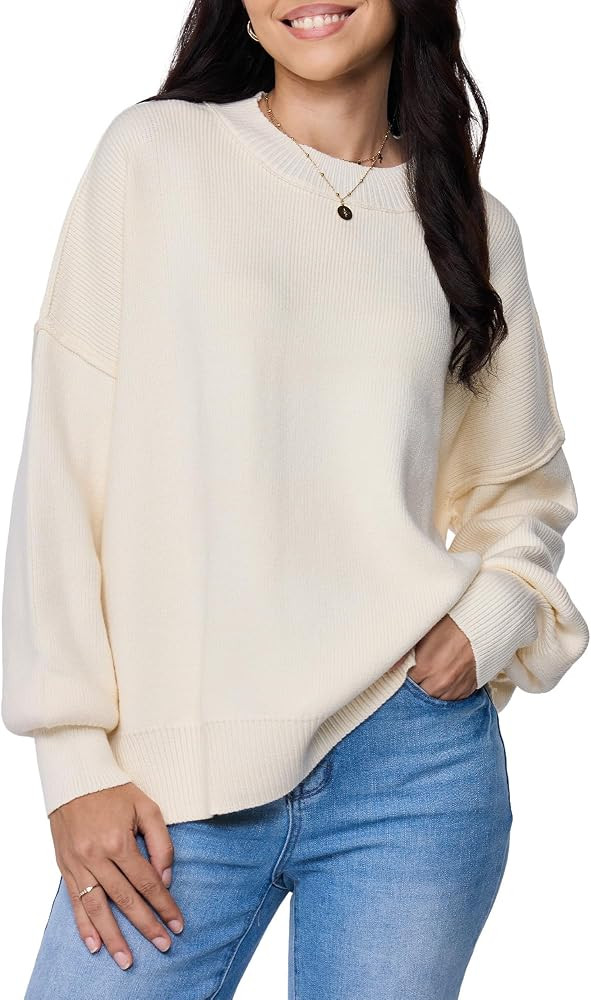 Womens Oversized Sweater 2026 Trendy Pullover Crew Neck Long Sleeve Knit Top Cozy Fall Winter Jum... | Amazon (US)