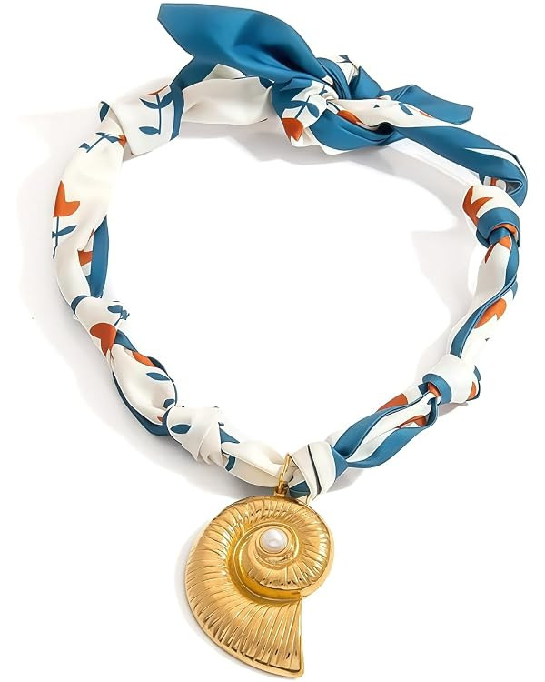 Scarf Necklace with Shell Charm - Bandana Choker for Women,Vacation Beachy Trendy Jewelry for Sum... | Amazon (US)