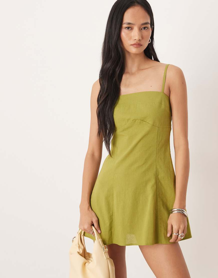 ASOS DESIGN cotton linen blend cami mini sundress with shaped bust in dark lime-Green | ASOS (Global)