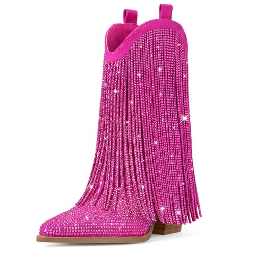 Ouepiano Cowboy Boots for Women - Pink Cowgirl Rhinestone Boots with Sparkly Fringe Pointed Toe Western Boot Chunky Heel Pull-On Wide Calf Botas Vaqueras Size 10.5 | Amazon (US)