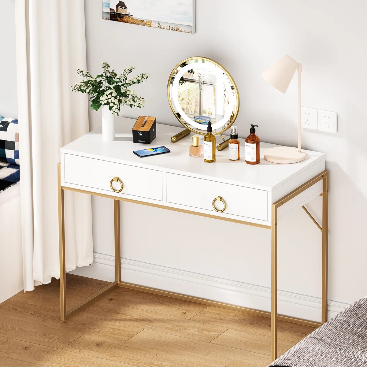 Denerick White Makeup Vanity Table Writing Desk with 2 Storage Drawers | Wayfair North America