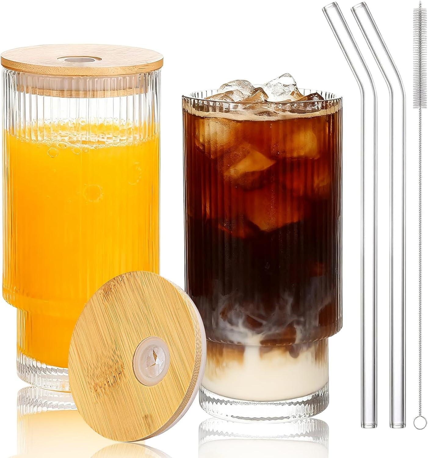 16oz Glass Cups with Lids and Straws, Ribbed Glass Tumbler for Iced Coffee, Reusable Coffee Cups with Bamboo Lids & Glass Straws, Stackable Drinking Glasses for Home, Office and Cafe (16OZ-2PACK) | Amazon (US)