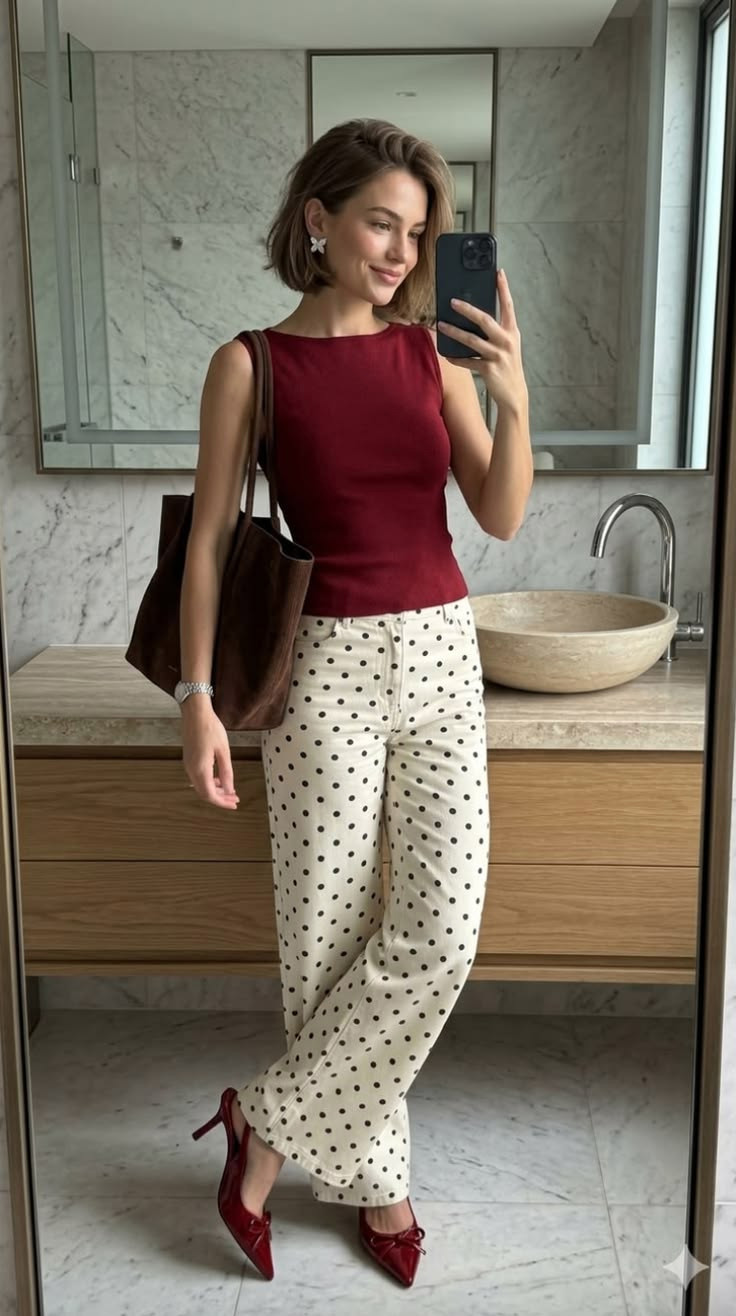 Polka dot pants outfit ✨ Elevated everyday style with a vintage-inspired twist. These cream polka dot trousers paired with a rich burgundy sleeveless top and matching heels create the perfect balance of chic, feminine, and timeless.

I love outfits like this for brunch dates, city days, casual meetings, or anytime you want to look polished without feeling overdressed. The deep red accessories make the look feel extra luxe while the playful print keeps it fun and wearable. 🤍❤️

#LTKStyle #ElevatedStyle #PolkaDotPants #ClassicStyle #ChicOutfits #ElegantStyle #CapsuleWardrobe #FrenchGirlStyle #EverydayFashion #FeminineStyle #OutfitInspo #TimelessFashion 

 #LTKootd