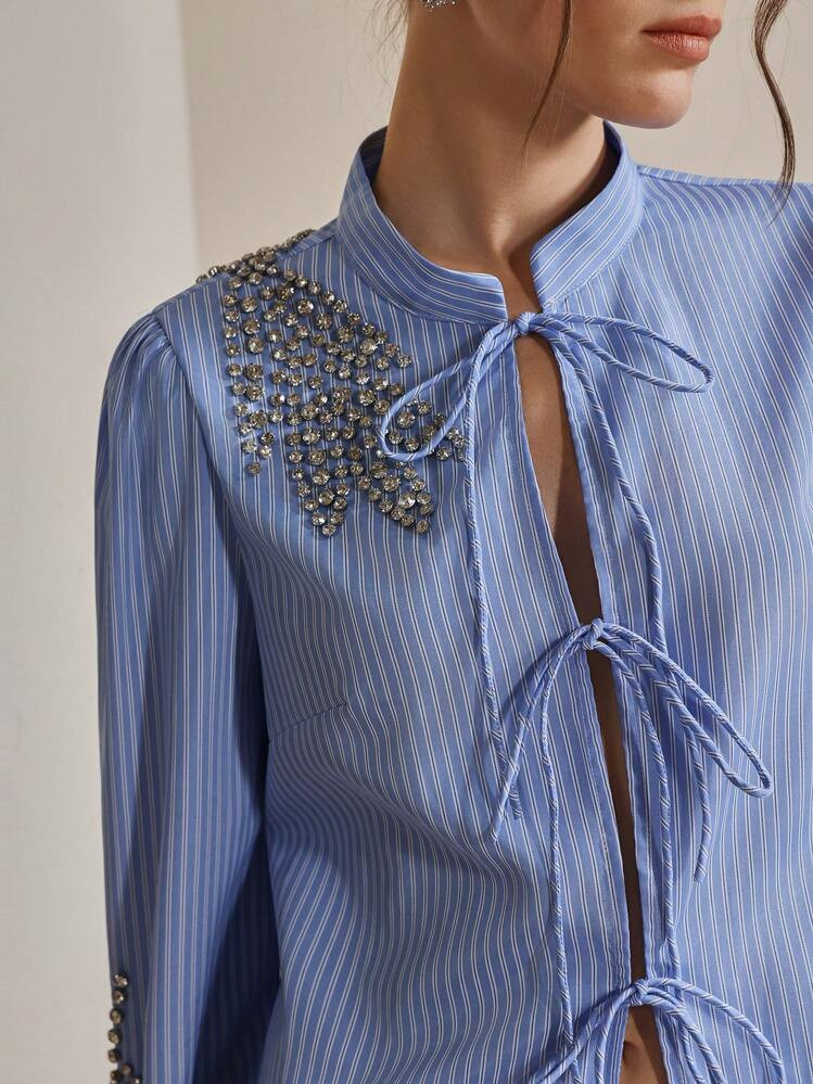Anewsta Women's Elegant Beaded & Rhinestone Embellished Leaf Tie-Front Blouse, Spring/Summer | SHEIN