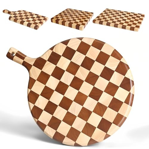 Checkered Round Cutting Board with Handle for Kitchen Decor, 17"L x 13"W x 1" Thick – Wooden Chopping, Cheese & Charcuterie Board in Acacia Wood, Decorative Serving Platter for Meat, Bread & Pizza | Amazon (US)