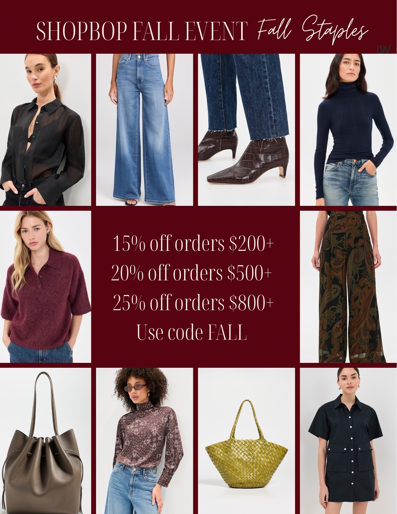 Shopbop Fall Event is Here!
15% off orders $200+  
20% off orders $500+   
25% off orders $800+  
Use code FALL