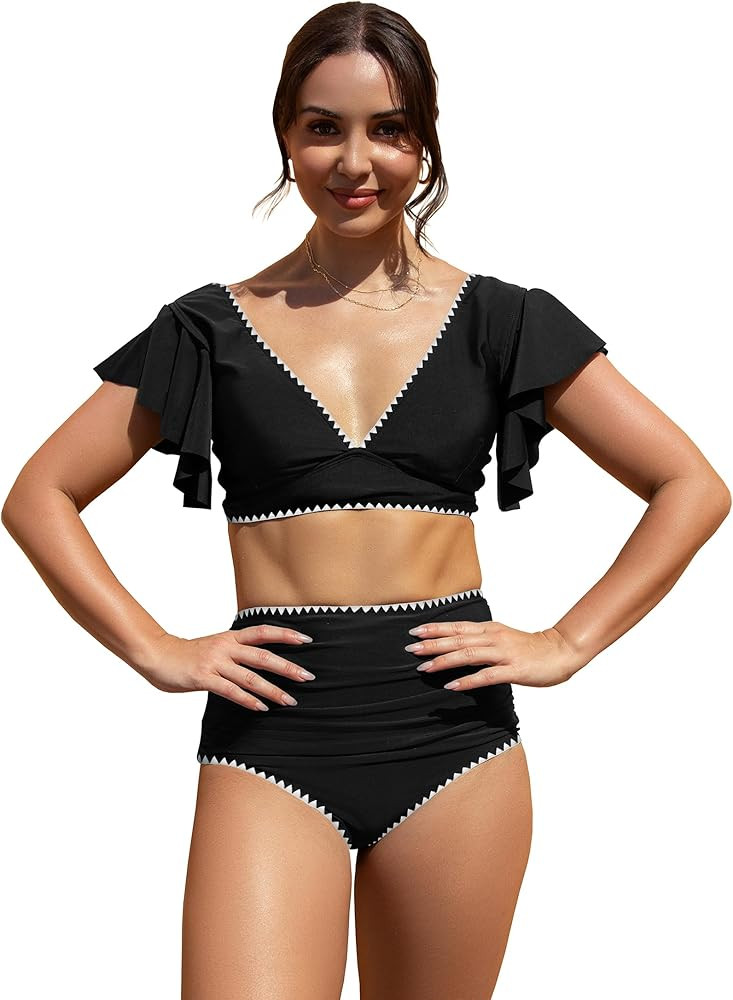 SPORLIKE Women Ruffle High Waist Swimsuit Two Pieces Push Up Tropical Print Bikini | Amazon (US)