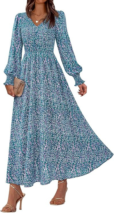 BTFBM Women Spring Wedding Guest Maxi Dresses 2026 Floral V Neck Long Sleeve Boho Long Dress Vaca... | Amazon (US)