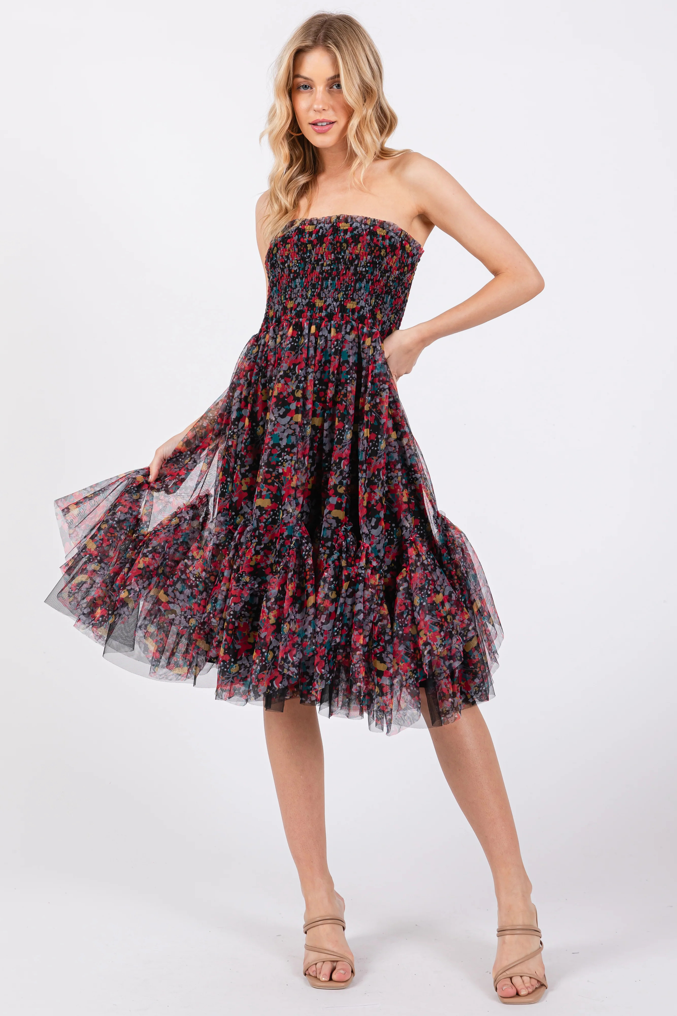 Black Floral Sleeveless Smocked Ruffle Hem Dress | PinkBlush Maternity