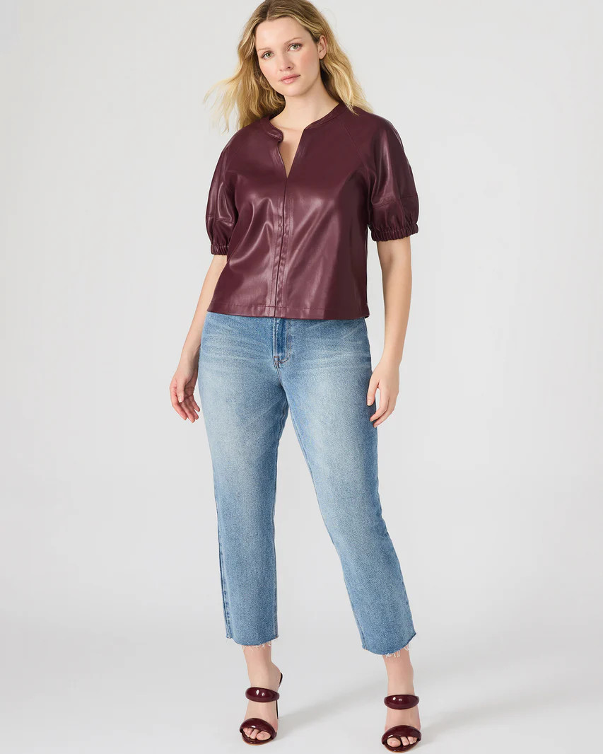 ROXANNE Wine Short-Sleeved Faux Leather Puff Sleeve Women's Top | Steve Madden (US)