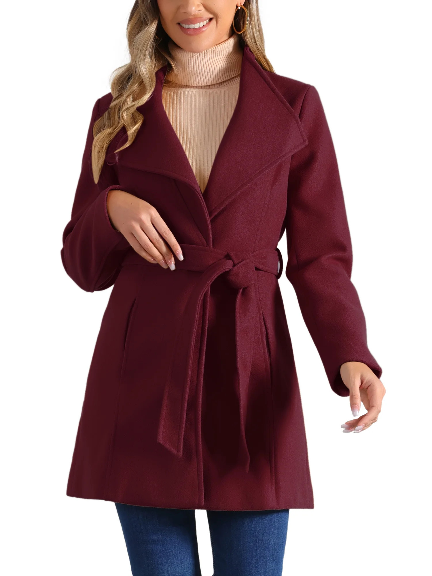 INSPIRE CHIC Women's Stand Collar Tie Waist Winter Classic Long Trenchcoat L Burgundy | Walmart (US)