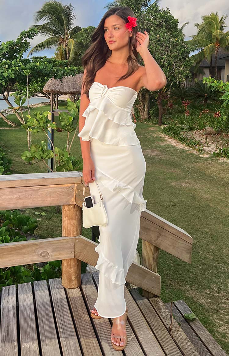 Raleigh White Ruffle Maxi Skirt | Beginning Boutique (US)