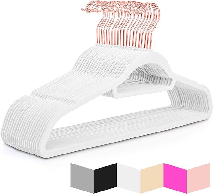 MIZGI Premium Velvet Hangers - Pack of 50 - White - Copper/Rose Gold Hooks - Non-Slip Suit Hanger... | Amazon (US)