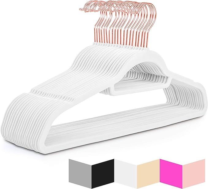 MIZGI Premium Velvet Hangers - Pack of 50 - White - Copper/Rose Gold Hooks - Non-Slip Suit Hanger... | Amazon (US)