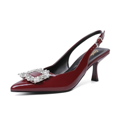 Lucibenita Burgundy Red Slingback Kitten Heels for Women Closed Pointed Toe Dress Shoes with Rhinestone Wedding Party Pumps Patent Leather Dating Working Size 8.5 | Amazon (US)